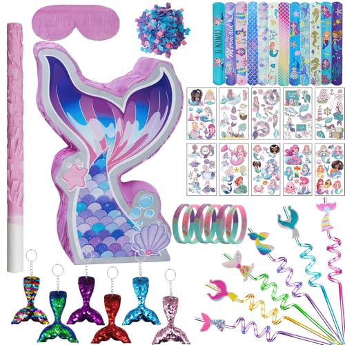 Mermaid Pinata Set - Birthday Party Favors for Girls with Mermaid Tail Pinata, Stickers, Slap Bracelet, Keychain, Silicone Bands and Straws - 44 Pack