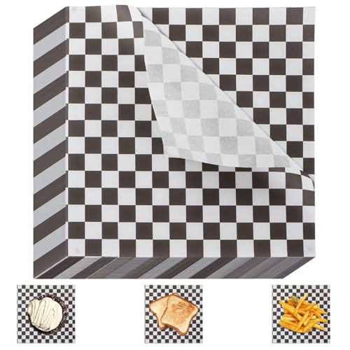 ZOFUN 500 hojas de papel para hornear, 18 x 18 cm, cuadrados, a prueba de grasa, blanco y negro, papel de envoltura de alimentos a cuadros, papel de pergamino para hamburguesa, pescado y patatas