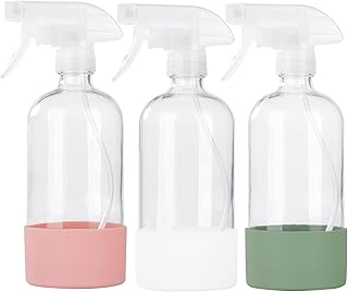 HOMBYS Empty Clear Glass Spray Bottles with Silicone Sleeve Protection - Refillable 16 oz Containers for Cleaning Solution...