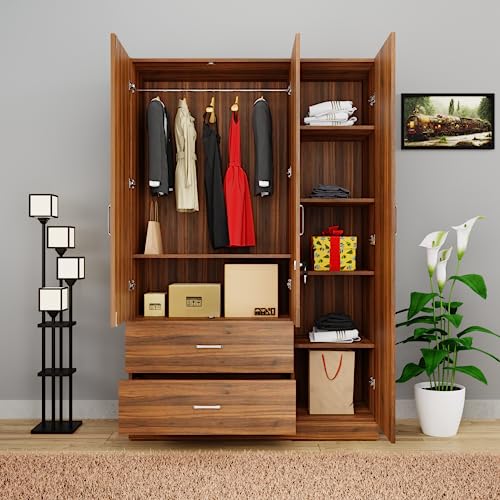 Image of VIKI Wardrobe | Wooden Almirah for Clothes,Door for Bedroom, 3 Door Wardrobe with Drawer & Hanging Space (Brussel Walnut - 40D x 120W x 180H) | 1 Year Warranty | Free Assembly