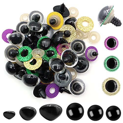 90 Stück Sicherheitsaugen und Sicherheitsnasen, Sicherheitsaugen für Häkeltiere 8-20mm ,Kunststoff Knopfaugen mit Unterlegscheiben, Puppenaugen Kunststoffaugen für DIY Puppe,Bären Handwerk,Teddyaugen Cover