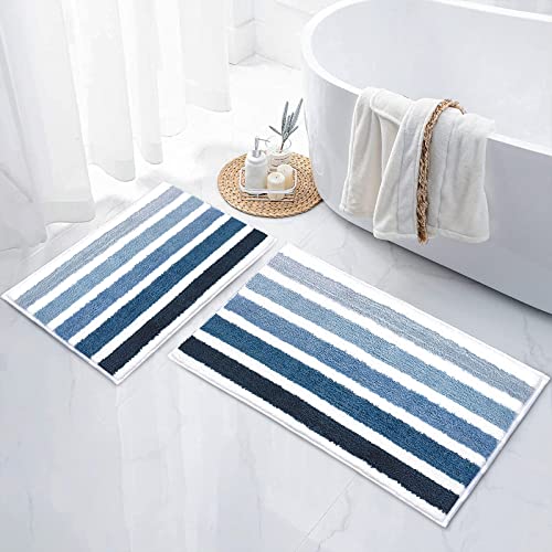 Ombre Blue Striped Bathroom Rug Nautical Bath Mat(Set Of 2), With Decorative Shower Curtain Hooks-12 Pack #TOP1