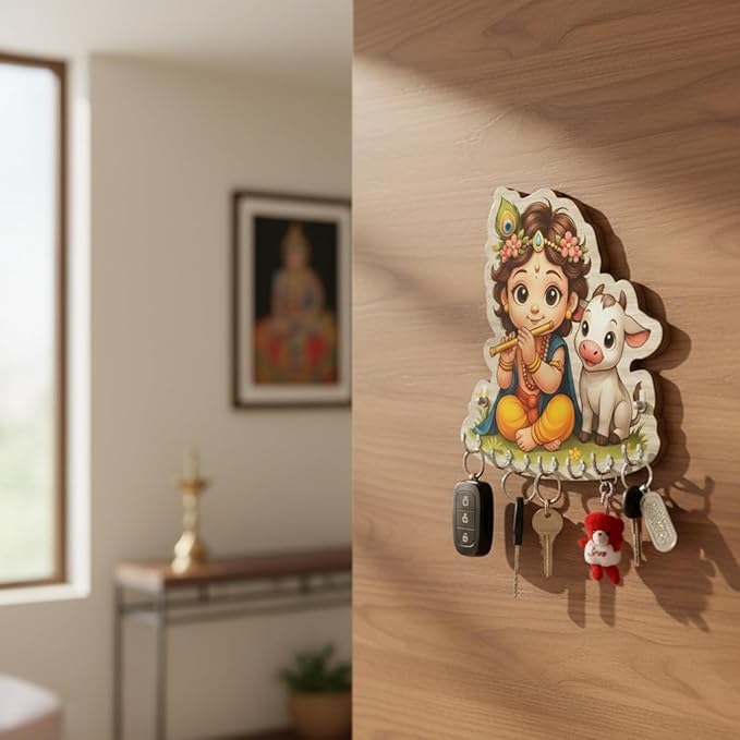 Image of JIVAY Baby Krishna Decorative Wall Mounted Key Holder for Home Wooden Key Hanger with 7 Hooks Designer Key Stand for Living Room, Entrance & Office (Baby Krishna Key Holder) Pack 2