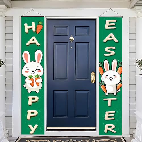 Image of Cute Green Happy Easter Banner Bunny Carrot Easter Door Decor Porch Sign Easter Decorations for Home Outside 11.81x70.87 Inch