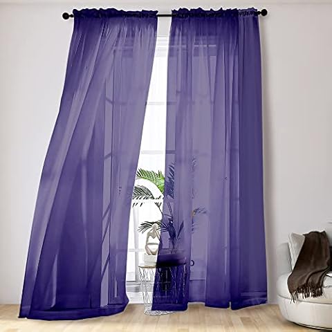 OVZME 2 Pieces Sheer Curtains 96 Length Window Treatments, Voile Drapes Light Airy Window Decor for Patio Door Living Room Bedroom, Each W42 X L96 inches, Purple Cover