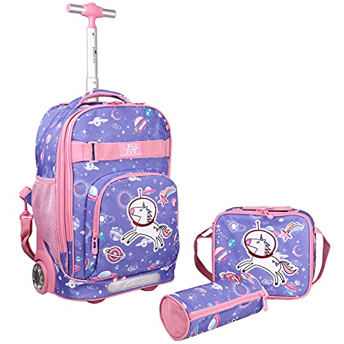 Trolley-Rucksack für Kinder - Jungen Mädchen Rollrucksack Schulranzen mit Lunch Tasche Federmäppchen 3 in 1 Sets für Grundschüler Reisen Lässiger Tagesrucksack,18 Zoll Cover