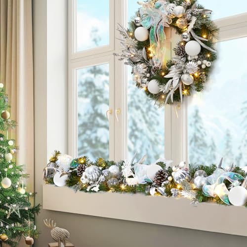 6 Ft Prelit Christmas Garland, Artificial Rattan Flower Snowflake Xmas Garland, Battery Operated Indoor Outdoor Lighted Christmas Garland Decorations for Holiday Garden Gate Stairs