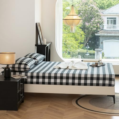 EVERLY Linen Sheets Set Full Size,100% French Stonewash Pure Linen Sheets Set,4Pieces (1Flat Sheet,1Fitted Sheet,2Pillowcase) Suitable for Hot Sleepers,Deep Pocket Natural Bedding Set-Black Plaid