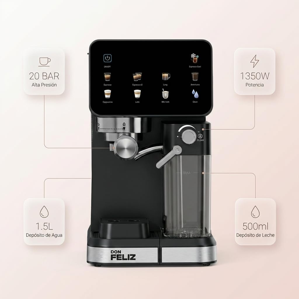 Don Feliz Cafetera Espresso Semiautomática 20 Bar 1350W con Pantalla LCD, Depósito de Leche 500ml, Depósito de Agua 1.5L, Compatible con Nespresso, Cappuccino, Americano, Autolimpieza