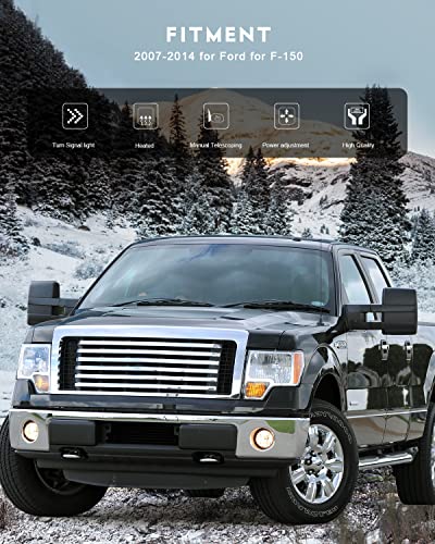 OCPTY New Towing Mirror Power Adjusted Heated Turn Signal Light Black Housing Compatible With 2007-2014 For Ford For F-150 Pickup Truck
