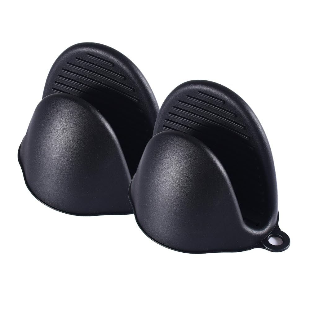 TopHomer 1 Pair Silicone Oven Mitts, Mini Thicken Kitchen Work Gloves Heat Resistant Pinch Cover for Cooking, Baking and Grilling - Black
