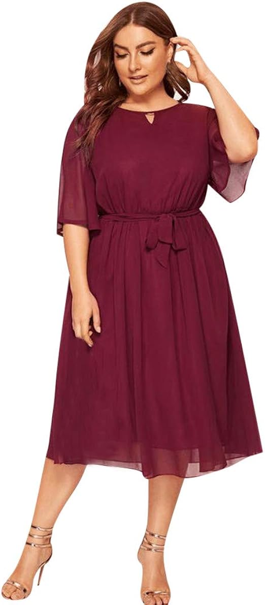 Womens Plus Size Party Dress, Lady Chiffon Solid Color ONeck Half