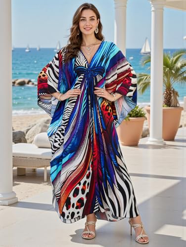 Image of IMAGEKOPE Women's Plus Size Animal Print V-Neck Batwing Kaftan Beach Dress Bathing Suit Cover-Up Loungewear