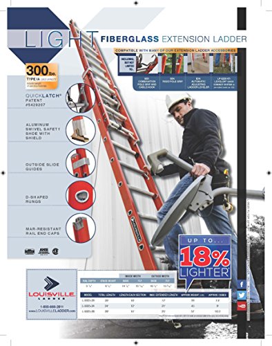 Louisville Ladder L-3025-24 Type IA Load Capacity Light Fiberglass Extension Ladder, 24'/300 lb