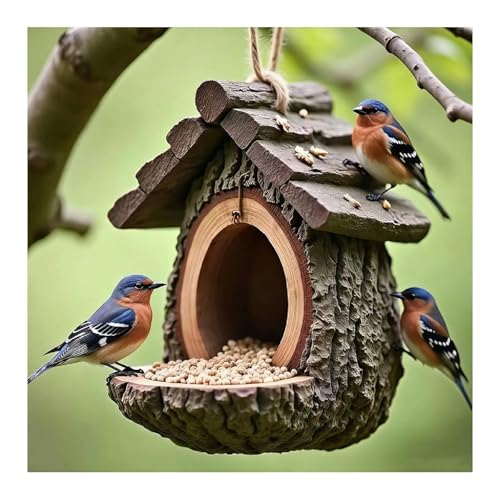 Mini Vintage Treehouse Shape Bird Feeder, Outdoor Hanging Wooden Style Resin Tree Mounted Sculpture Feeder with Open Design & Seed Tray, for Garden Yard Patio, Rustic Decor, Easy Refill