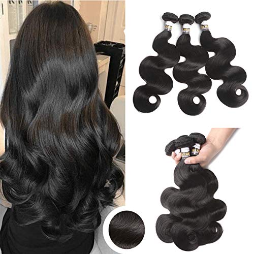 PLADIO Brazilian Body Wave 3 Bundles Weave Unprocessed Virgin Human Hair Extensions(16 18 20, Natural Color)