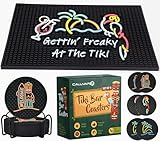 Tiki Bar Coasters Set of 6 with Holder and Gettin’ Freaky at The Tiki 18x12in Tiki Bar Mat - Outdoor Tiki Bar Rubber Coasters for Drinks and Outdoor Tiki Sign Decor Black Mat