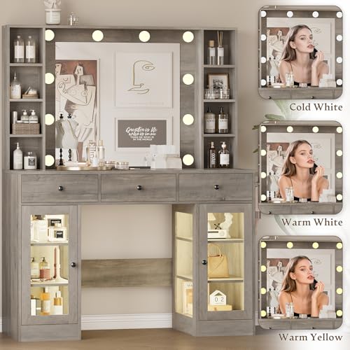 Image of Wodeer Makeup Vanity Desk with Mirror and Lights, Grey Vanity with Glass Top, LED Lights & Power Outlet, 3 Drawers & 2 RGB Glass Cabinets, Adjustable Lighted Dressing Table for Women & Girls Bedroom