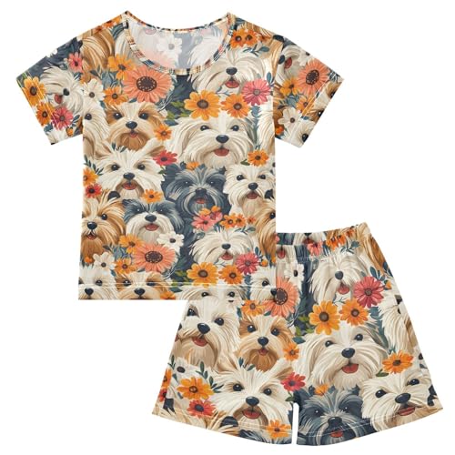 ALAZA Flower Dog Puppy Cartoon Pajamas Set Short Sleeve Cotton Sleepwear Summer Pjs 2 Piece 5-14Y