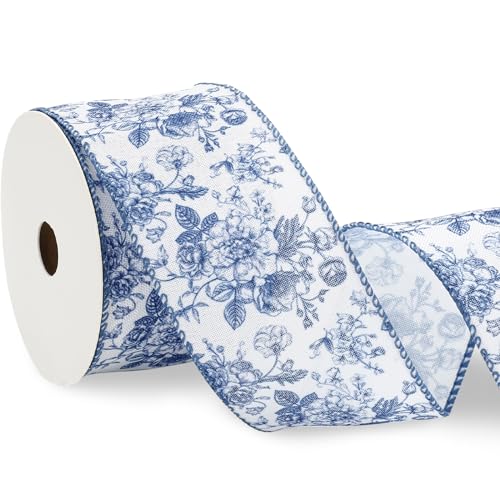 Floral Wired Edge Ribbon Blue Flower Craft Ribbon Chinoiserie Decorative Fabric Ribbons for DIY Crafts Wreath Bow Making 12 Yards