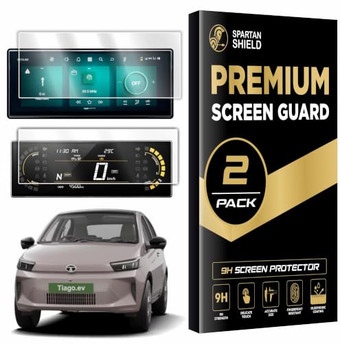 Image of SPARTAN SHIELD [2 PACK] Screen Guard For TATA TIAGO EV 2026 Facelift || Creative+ || 10.25 Inch Infotainment Touchscreen + 5 Inch Instrment Cluster Protector | Anti Scratch | Water Resistant | HD Clear | High Touch Sensitivity | TataTiago Electric 9H Car Display Accessories 2026+ [Not Tempered Glass]