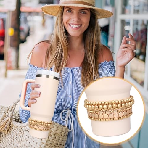 Bracelets for Stanley Cup Accessories, 6Pcs Bracelet Stack Charms for Stanley 40 oz&30 oz Tumbler with Handle, Delicate Beads Charm Attachments for Stanley Decorations（Gold）4