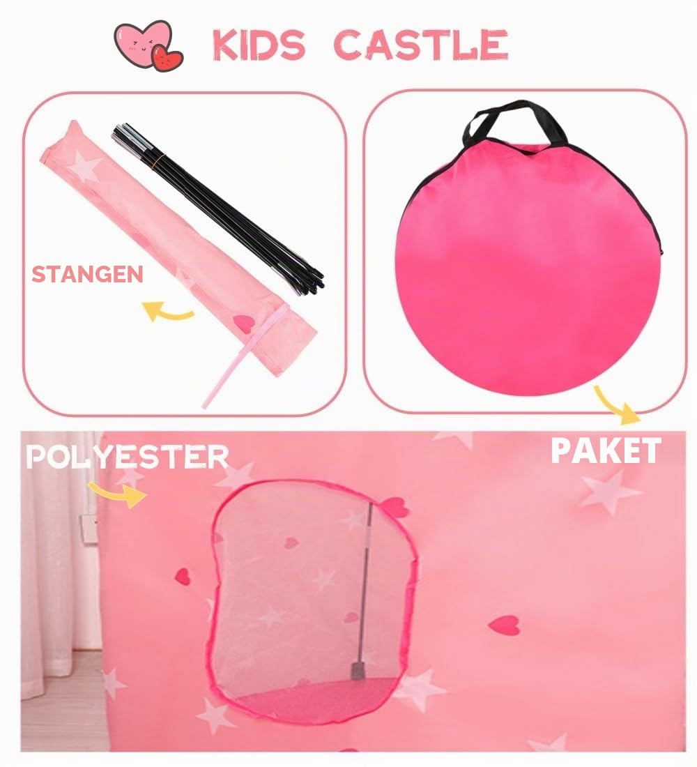 3-in-1 Kinder Spielzelt mit Tunnel, Pink, Prinzessin-Design mit Sternen, Pop-Up Zelt Set mit Tragetasche