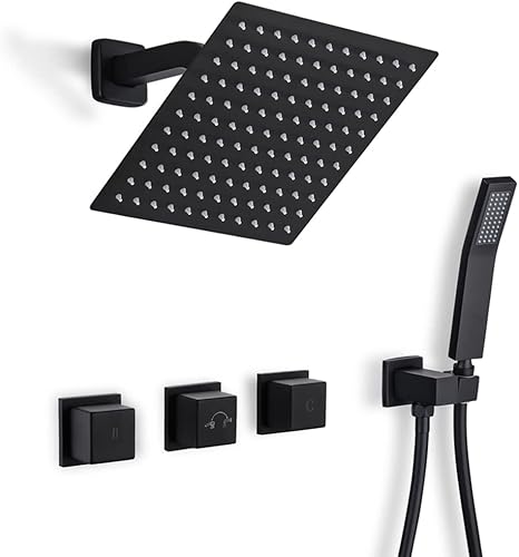 BANGPU Grifo de ducha de bañera de 3 asas, juego de sistema de ducha negro mate con cabezal de ducha de lluvia de alto flujo y combo de