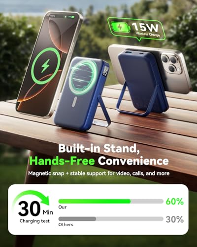 Image of Portable Charger for Magsafe Battery Pack,10000mAh Power Bank with Foldable Stand,Travel Essential PD 22.5W Fast Charge,Magnetic Charge Wireless Charger for iPhone 17 /16 /15 /14 /13 (Navy)