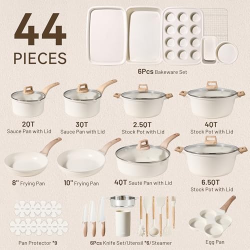 Image of CAROTE 44pcs Pots and Pan Set Nonstick, Cookware Sets, Cooking Set Non Stick, Induction Cook Ware with Bakeware Set, Kitchen Knife Set