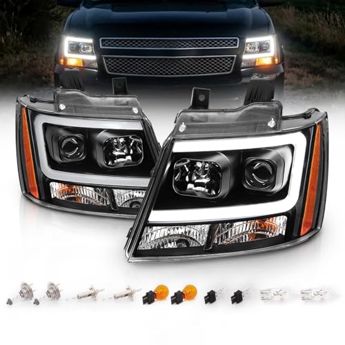 AmeriLite for 2007-2013 Chevy Avalanche Suburban Tahoe Super Bright LED Bar Projector Halogen Black Headlights Pair - Passenger and Driver Side