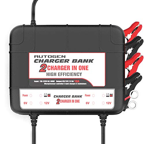 AUTOGEN 2-Bank Marine Battery Charger, 10-Amp (5-Amp Per Bank) Dual Battery Trickle Charger Maintainer, 6V & 12V Onboard Battery Charger And Battery Maintainer
