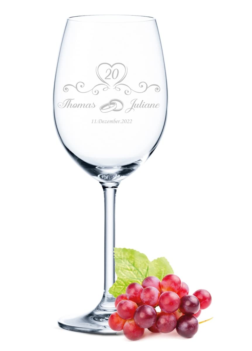 GRAVURZEILE Leonardo Verre à Vin Avec Gravure - Design De Mariage En Porcelaine - Personnalisé Avec Nom Et Date - Cadeau Pour Anniversaire De Mariage