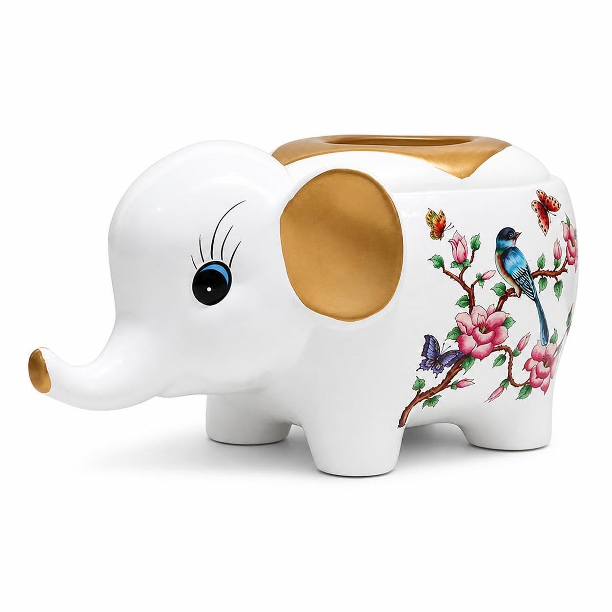 Boîte à Mouchoirs Éléphant Céramique, Éléphant Blanc Fleurs et Oiseaux