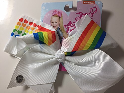 JoJo Siwa Large Cheer Hair Bow (White w/Rainbow & Hearts)