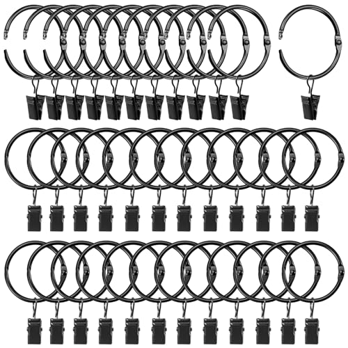 Image of LLPJS Openable Curtain Rings with Clips, Open Drapery Rings with Hooks, Curtain Clips 1.26 inch Interior Diameter, Fit up to 1" Curtain Rod (Black, 1.26" I D Set of 36)