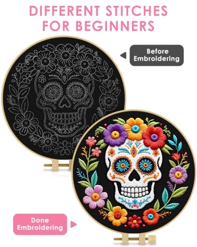 Image of TINDTOP Embroidery Kit for Adult Beginners, Embroidery DIY Starter Kit, with Stamped Patterns, Hoop, Tools, Colorful Threads with Needles, Instructions (Skeleton B)