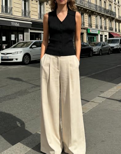 Image of Belle Poque Women's Button Down Tank Tops Summer Ribbed Vest Top Sleeveless V Neck Collared Vest Shirt Slim Fit Going Out Top