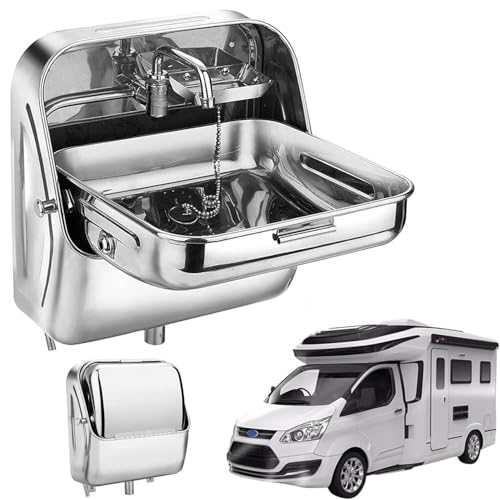 UMJIGF RV Wall-Mounted Sink,Stainless Steel Folding Sink,Wall Mounted Multi Function Rv Sink,with Cold Water Faucet Hand Wash Basin Rv Camper Boat,for Bars,Silver-One Size