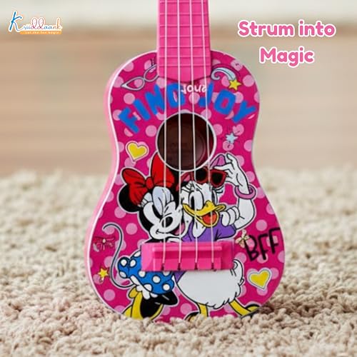 Image of Minnie Guitar (Big) - 4-String Musical Toy for Kids with Adjustable Tension, Fingerstyle Tab & Pick - Portable Pink Guitar for Girls 3+ Years - Fun Educational Disney Themed Birthday Gift