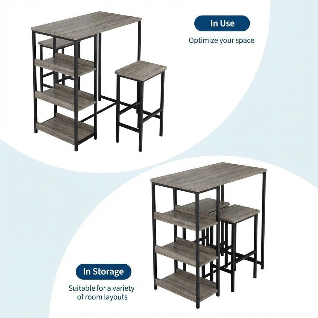 Dining Table Set for 3, 36" Kitchen Table and 2 Stools, Dining Table with Metal Frame & Storage Shelves, 3-Piece Modern Functional Desk Set for Dinette, Small Space, Apartment, Restaurant, Grey