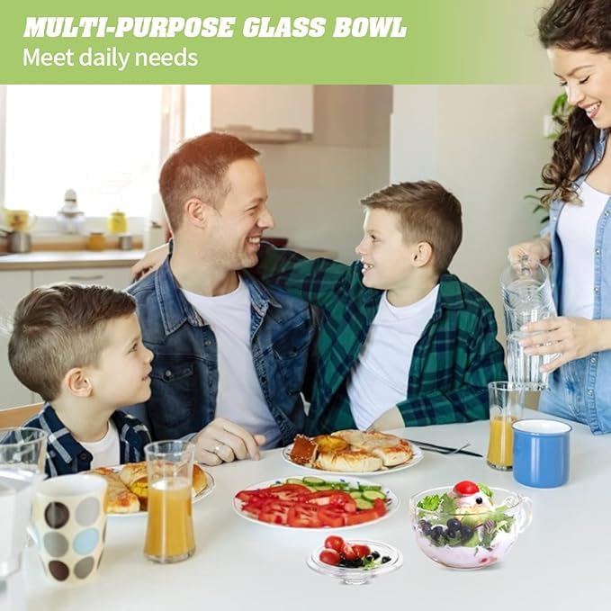 Image of PrimeWorld Glass Cereal Bowl with Handle and Lid - Clear Small Soup, Yogurt, Oatmeal Breakfast Bowl - Microwave Safe Glassware for Dessert, Pasta, Rice - 600ml Capacity-Set of 1pc