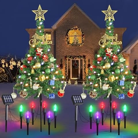 MelonArt Solar Christmas Tree for Outdoor Decorations 2 Pack, 33 Inch Prelit Christmas Tree Yard Stake Lights with 12pcs Strawberry Lights, 60 LED 8 Modes for Pathway Yard Cemetery Decor Cover