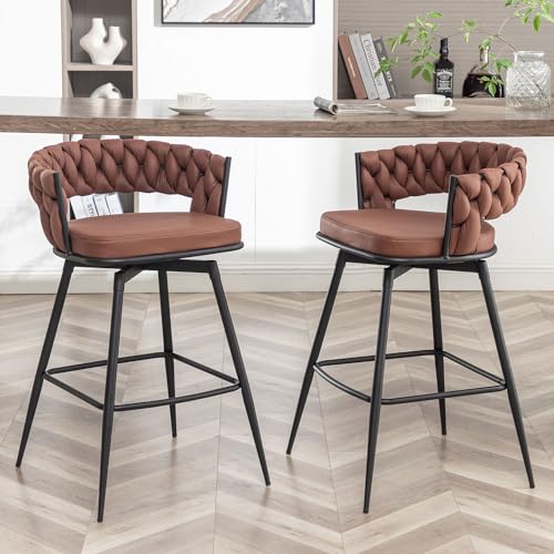 Butacos modernos de altura para barra Canxkun, juego de 2 unidades, asiento tejido, giro de 360°, para isla de cocina, cafetería o barra (marrón) miniatura 1