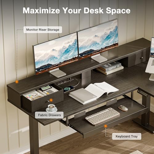 Image of Casaottima 59 Inch Electric L-Shaped Standing Desk with Drawers, Height Adjustable Stand Up Corner Desk with Monitor Stand & Keyboard Tray, Lift Table for Home Office, Workstation, Black