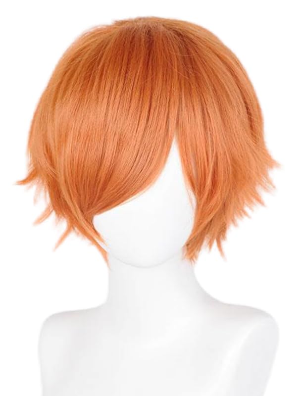 Image of LABEAUTE Unisex Short Orange Cosplay Wig Male Man Woman With Bangs Anime Fluffy Cosplay Hair Wigs for Party and Halloween for Gift + Free Cap