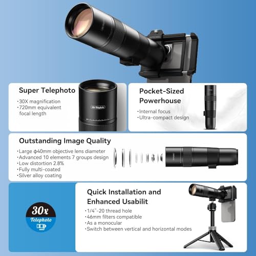 Image of APEXEL 30X Telephoto Lens with Tripod - Professional Telephoto Camera Lens for iPhone, Samsung, Pixel, and More
