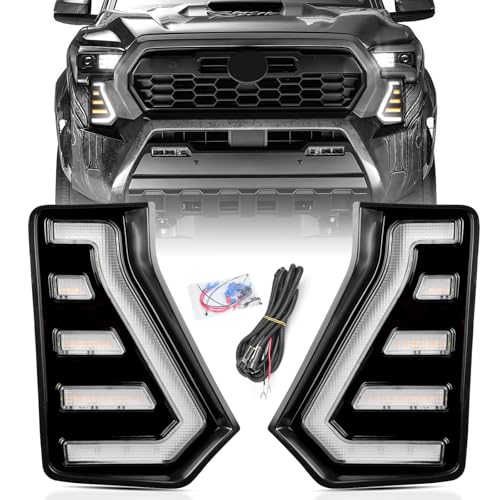 LENJIEMT LED Daytime Running Lights White DRL Compatible with Tacoma 2024 2025 2026, With Amber Sequential Turn Signal Lights Front Bumper Fog Lights Kit Tacoma Accessories