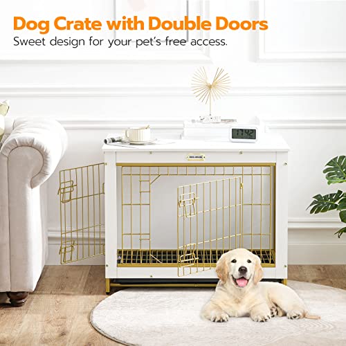 HOOBRO Dog Crate Furniture, 32.5" Medium Dog Kennel Indoor, Wooden Cage with Pull-Out Tray, Double Doors Pet House Side End Table for Medium/Small Dogs, White DW802GW03 - Image 3