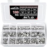 Hydencamm 180PCS 13 Sizes Single Ear Hose Clamps, 5.3-31.1mm 304 Stainless Steel Single Ear Hose Clamp Kit, Cinch Clamp Rings Assortment Kit For Securing Pipe Hoses and Automotive Use